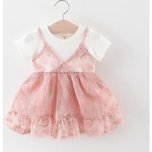 2019 Kids girls summer dress Infant clothing Baby girls new short sleeve fake two pieces lace cotton Dress 1-3 Years