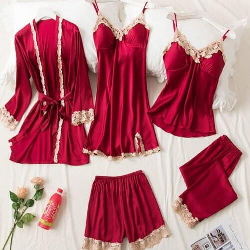 5PC Silk Robe Sleep Suit Womens Lace Satin Pajamas Gown Set V-Neck Cami Nighties Wear Pijama Home Nightwear Spring Nightdress