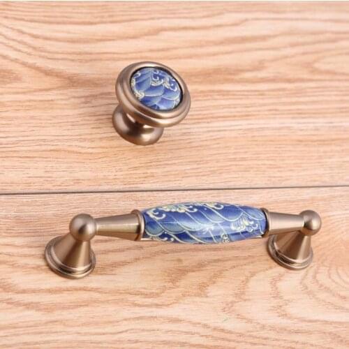 96mm Top quality white and blue porcelain Tv cabinet wine cabinet pulls knobs bronze kitchen cabinet cupboard drawer knobs pulls