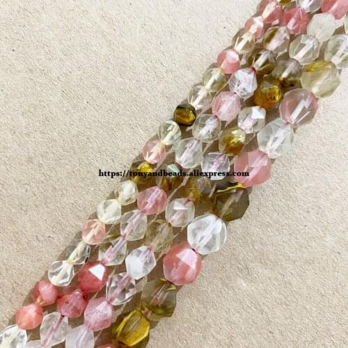15" Natural Stone Big Cuts Faceted Volcano Cherry Quartz Round Loose Beads 6 8 10 mm Pick Size