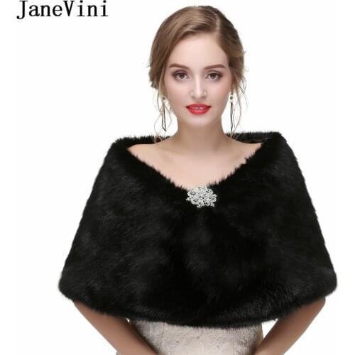 JaneVini Piumino Donna Black Fur Stola Bride Beaded Evening Bolero Wedding Jacket Bridal Coat Wraps Bolero Stoles Faux Fur Shawl