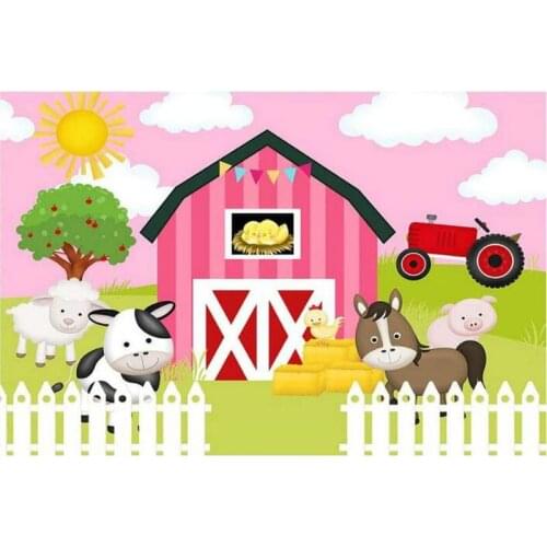 Cartoon Farm with Pink Sky Backdrop Photography Background Celebration Photo Booth Studio Decor