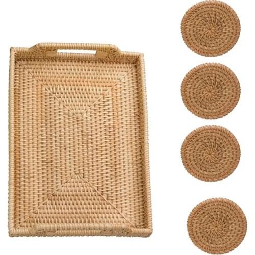 FQYL Rattan Tray with Rattan Coaster,Rectangle Serving Tray,Rattan Basket with Handles,Decorative Tray for Coffee Table