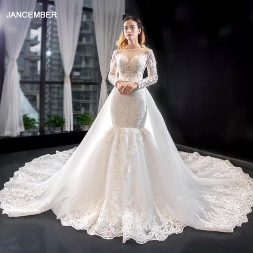 J66856 Elegant Detachable Train Meimaid Wedding Dress 2020 Appliques Crystal V-Neck With Long Sleeve