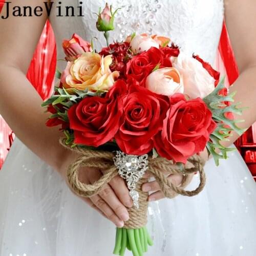 JaneVini Red Artificial Bridal Silk Flower Bouquet Pink Rose Bride Holding Flowers Bouquets Wedding Brooch Handmade Accessories