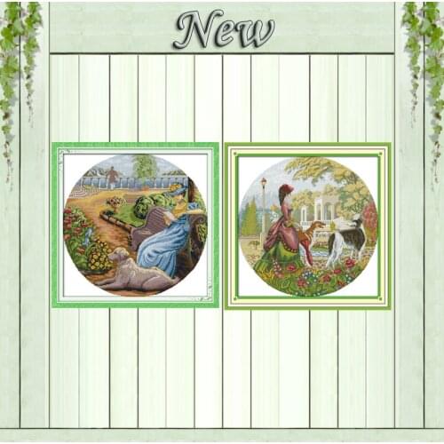 Lady and dog scenery decor paintings counted printed on canvas DMC 11CT 14CT Chinese Cross Stitch kits embroider needlework Sets