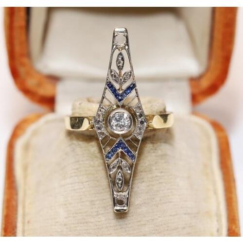 Art Deco 18k Gold Natural Diamond And Rose Cut Diamond Sapphire Decorated Pretty Navette Ring