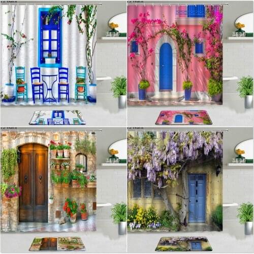 2pcs Landscape Shower Curtains Set Bath Mat Ltaly Rural Small Town Street Flower Plant Non-slip Floor Mats Bathroom Decor Screen