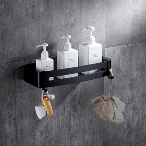 Black Shower Caddy Bathroom Rectangle Shelves Wall Mounted Space Aluminum Kitchen Storage Basket Adhesive Suction Corner Shelf