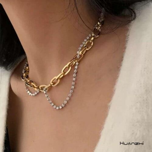 HUANZHI 2020 New Punk Clavicle Necklace Thick Chain Hip Hop Multilayer Rhinestones Choker Necklace for Women Girls Jewelry