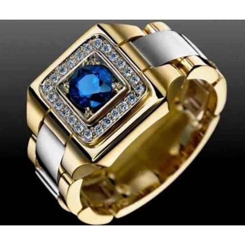 Luxury Small Blue Crystal Zircon Stone Ring Male Female Yellow Gold Wedding Band Jewelry Promise Rings For Men And Women