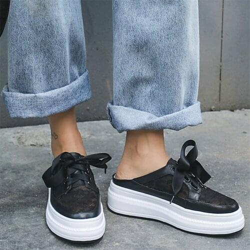Punk Slippers Women Lace Up Genuine Leather Wedges High Heel Mules Female Round Toe Fashion Sneakers Chunky Platform Pumps Shoes