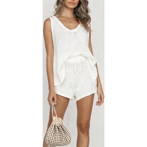 2PCS/Set Summer Women Solid Color Sleeveless Vest Top Drawstring Shorts Loose Knitted Outfits Fashion Women Co-ord Set