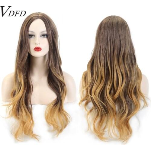 VDFD Synthetic Wig Long Wavy Light Brown Ombre Natural Curly Hair Cosplay for Women Daily Heat Resistant