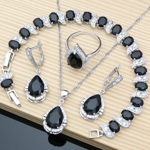 Party 925 Sterling Silver Jewelry Sets Drop Black Topaz Earrings Wedding Fine Jewelry for Her Bracelet Necklace Sets