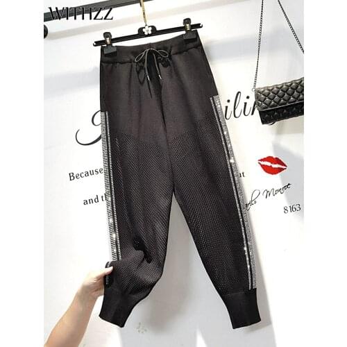 WITHZZ Women Spring Autumn High Waist Hollow Out Hotfix Rhinestone Trousers Loose Female Sports Casual Knitted Harem Pants