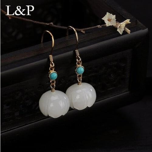 L&P Genuine Fine 925 Sterling Silver Natural Hetian Jade & Turquoise Earrings For Lady Elegant Vintage Accessories Free Shipping