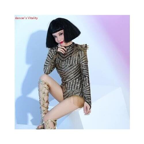 Sexy Clothing Ds Gold Sequins Long-sleeved Tassels Bodysuit Women Stage Performance Bar Nightclub Female Singer Dance Clothes