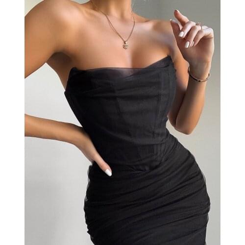 Women Summer Sexy Strapless Backless Mesh Beige Pink Bodycon Bandage Dress 2021 Designer Elegant Evening Party Dress Vestidos