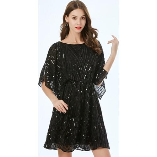 Summer Vintage A-line Geometric Short Sleeve Fashion Elegant Beading One Size White Black Women Cocktail Party Club Sequin Dress