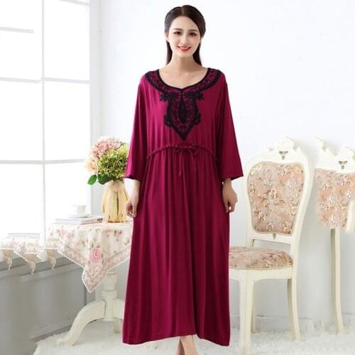 Spring Autumn Nightdress Women embroidery Plus size Home Wear Cotton O-Neck Pink Color Nightgown Female Sleep Wear Sleepdress