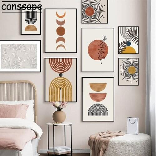 Abstract Wall Art Posters Sun Rainbow Canvas Print Line Leaf Art Painting Mid Century Modern Wall Pictures Home Decoration