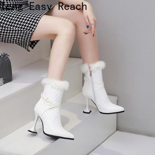 Women Ankle Boots Rabbit Fur Fashion Party Pumps Square High Heels Boots Black white Side Zipper Winter Bootes Size 33-48