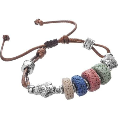 Impact drill natural stone bracelet for women silver color fish Pendant Bohemian style girls Volcanic rocks charm jewelry rope