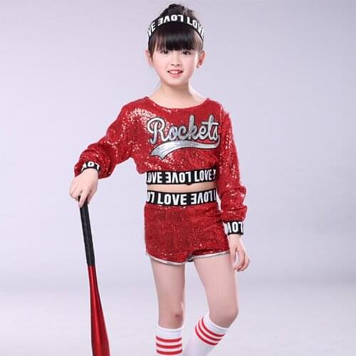 Children Red Sequins Navel Jazz Dance Performance Clothing Cheerleading Hip-Hop Stage Show Costume Modern Dance Clothing Suit