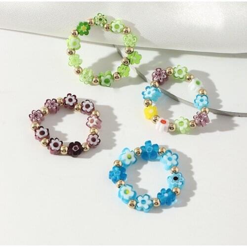 Korean Colorful Bohemia Small Flower Ring Handmade Beaded Resin Elasticity Ring For Women Beach Jewelry Gifts