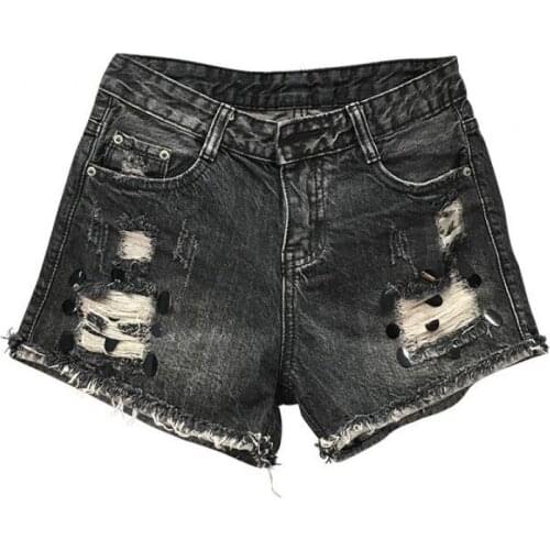 Summer Casual Women Ripped Hole Sequined Tassel Black Denim Hot Shorts , Female Womens XXL Washed Bleach Distressed Jeans Shorts