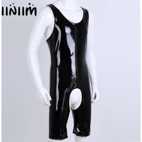 Mens Leather Wetlook fetish Bodysuit Body Latex homme Zipper Crotchless Cut Out Butt open crotch Sissy Leotard Evening Clubwear