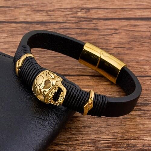 Gold Punk Rock Stainless Steel Charm Rope Skull Mens Bracelet Leather Genuine Braided Black Bracelet for Men Jewelry