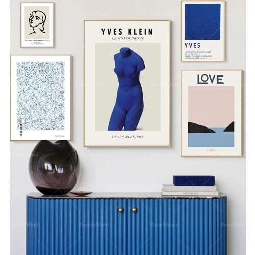 5-piece set of artist prints, Matisse prints gallery wall, museum posters, love prints, Yayoi Kusama prints, Klein blue posters