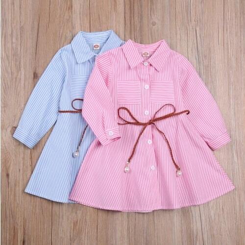 2021 New Girl Dress Children Lapel Stripe Single Breasted Long Sleeve Dresses Baby Garment Slender With Belt Pink Blue