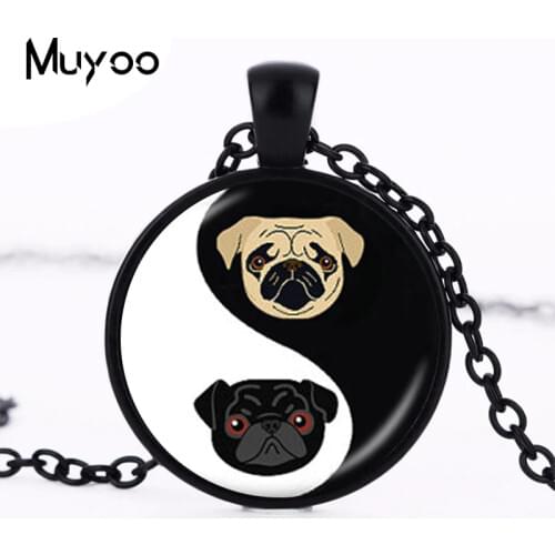 Yin Yang Pug Necklace Black and Tan Bulldog Pendant Dog Jewelry Gifts For Pug Lovers Rescue Jewellery, Glass Dome HZ1