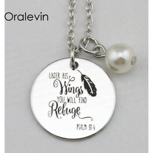 UNDER HIS WINGS YOU WILL FIND REFUGE Inspirational Hand Stamped Engraved Charm Pendant Necklace Gift Jewelry,10Pcs/Lot, #LN2313