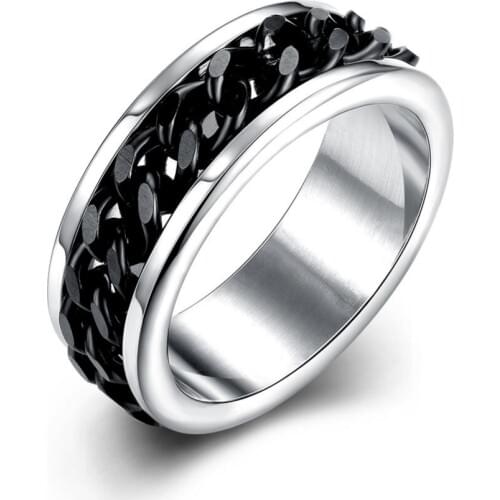 Silver Plated Fashion Vintage Men Boys Rock Punk Finger Black Spin Chain Rings Unisex Women Titanium Steel Jewelry Party Gifts
