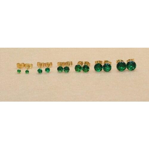 Size 3mm to 8mm 316L Stainless Steel Green Color Round Zircon Stud Earrings No Fade Allergy Free Brief Jewelry