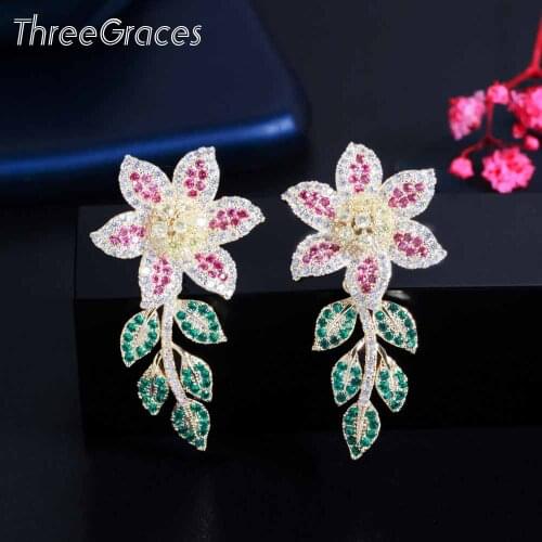 ThreeGraces Unique Green Red Cubic Zirconia Flower Leaf Dangle Earrings for Women Gold Color Wedding Engagement Jewelry ER634