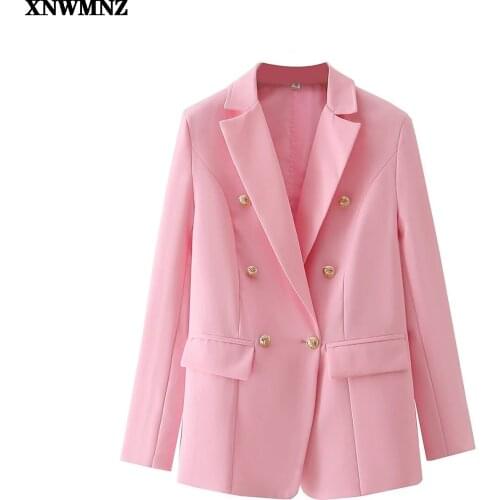 XNWMNZ Women 2021 New Fashion Double Breasted Blazer Coat Vintage Long Sleeve Pockets Female Metal Button Pink Outerwear Chic