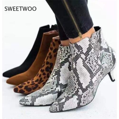 Women Suede Ankle Boot Mid Stiletto Heel Side Zip Pointed Toe Party Work Outdoor Shoe Fine Heel Leopard Print Fashion