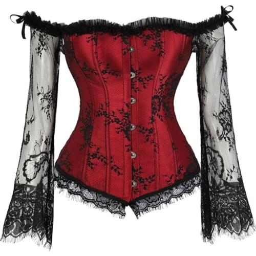 Women Sexy Off-Shoulder Sleeves Lace Embroidered Corset Blouse Victorian Vintage Floral Elegant Slim Corset Bustier Lingerie Top