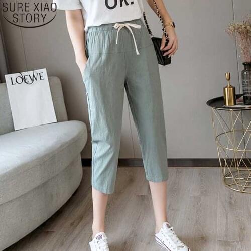 Plus Size Casual Harem Pants Women 2021 Summer Fashion Cotton Capri Calf-length Green Loose High Waist Elastic Solid 9395 50