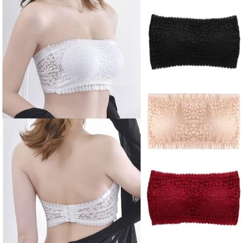 Women Lace Solid Color Floral Wire Free Padded Tube Top Beautiful Back Bras Strapless Sexy Hollow Out One Size Bra