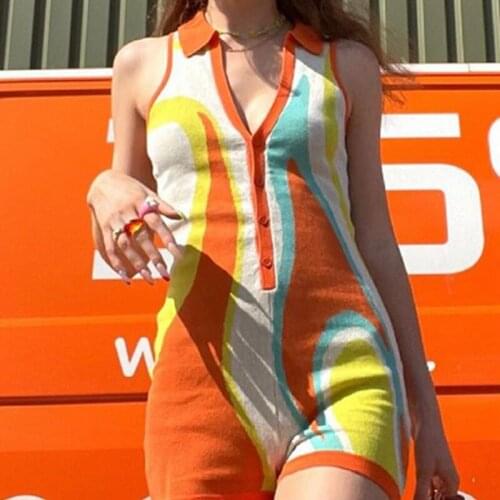 Ladies Knit Short Jumpsuit Printing Button V-Neck Sleeveless Bottoming 2021 Summer New Sexy Casual Fashion Simple High Street