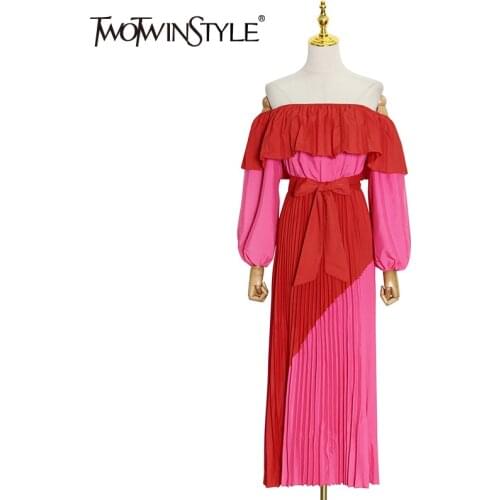 TWOTWINSTYLE Colorblock Casual Dress For Female Boat Neck Lantern Long Sleeve Cold Shoulder Bowknot Womens Mid Dresses 2021 New