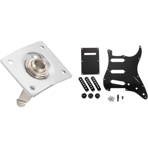 1x Chrome Plate Space E-Output Socket & 1set Ply Black 11 Hole Sss Guitar Pickguard Strat Back Plate Pickup Covers
