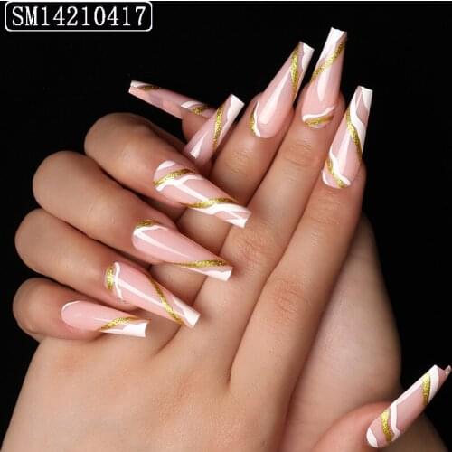 New Hot 24pcs Gold Stripes Printed Nails Patch Glue Type Long Paragraph Fashion Manicure Patch False Nails Patch