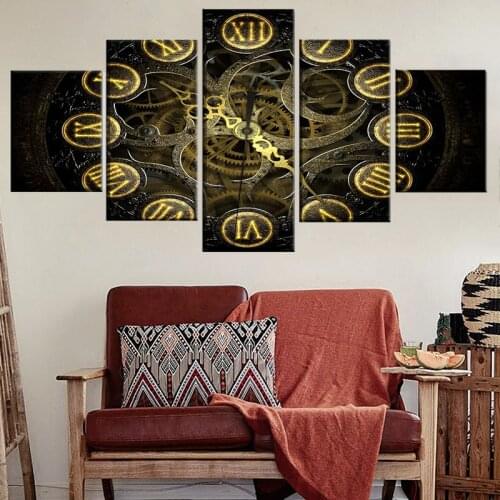 5 Panel Clock Steampunk Poster Modern Wall Art Decorative Picture Modular Framework Canvas Print Painting For Home Decorative